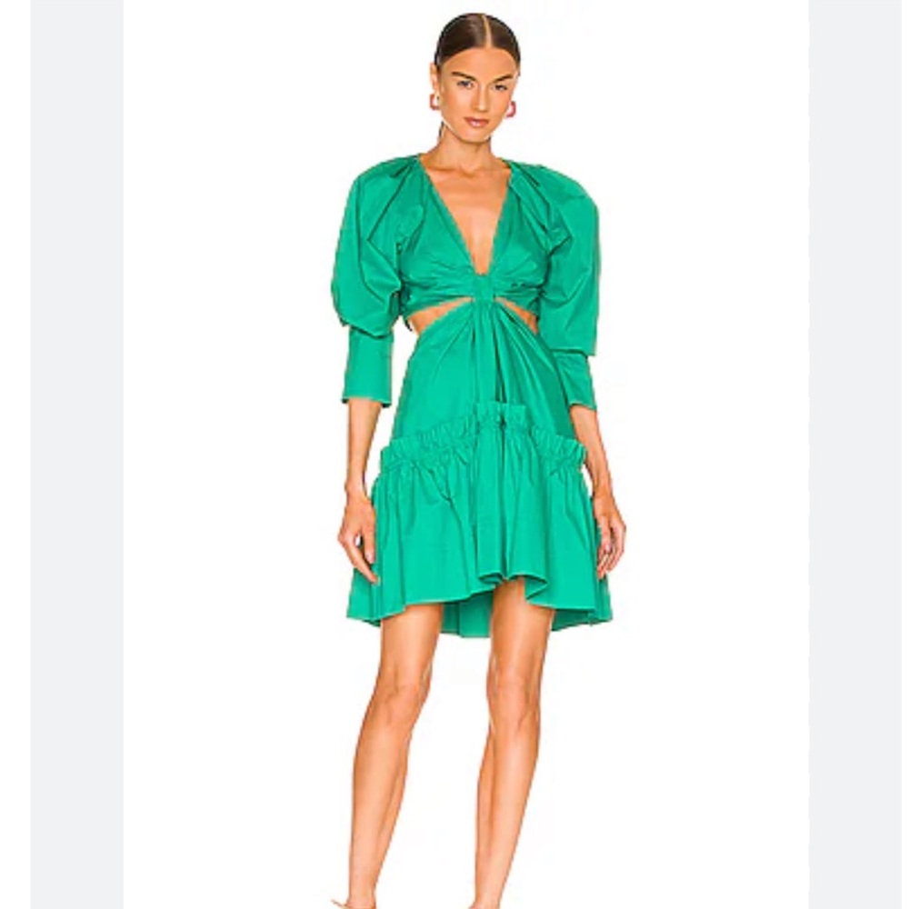 ALC Sexy Green sz 0 Dress Puff Long Sleeve Plunge V cutouts cotton Fall